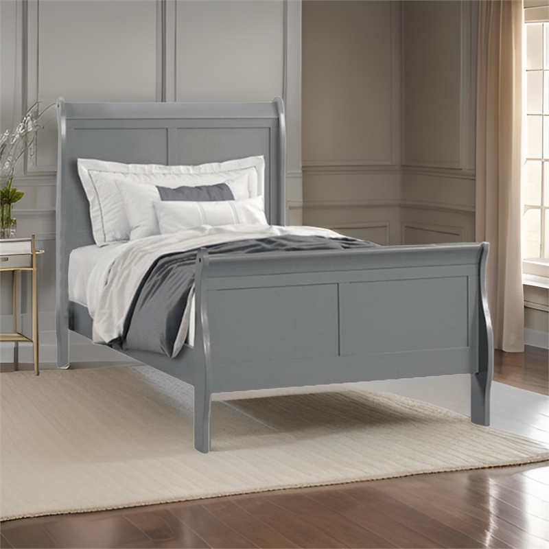 Ryla Full Size Bed- Sleigh Panel Headboard- Classic Light Gray Solid Wood