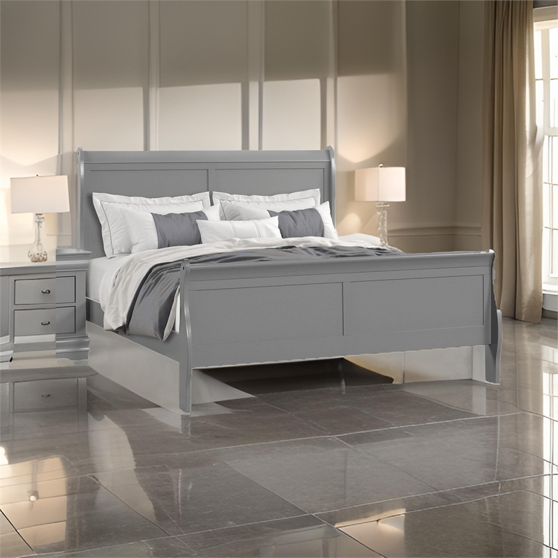 Ryla Queen Size Bed- Sleigh Panel Headboard- Classic Light Gray Solid Wood