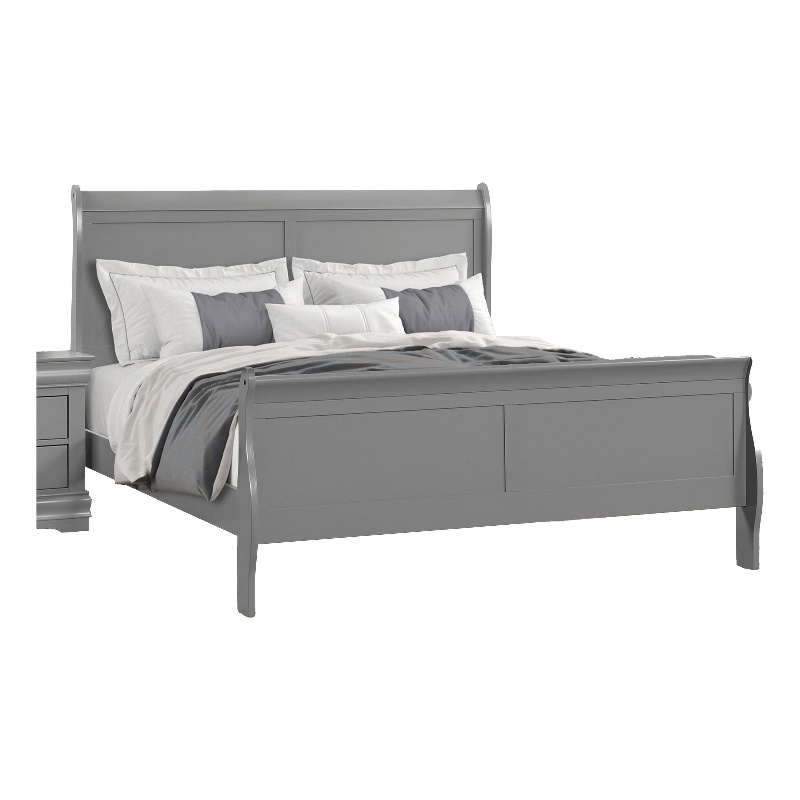 Ryla Queen Size Bed- Sleigh Panel Headboard- Classic Light Gray Solid Wood