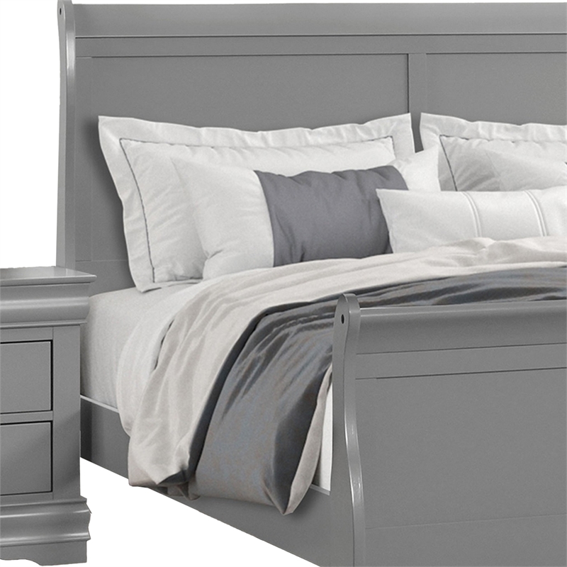 Ryla Twin Size Bed- Sleigh Panel Headboard- Classic Light Gray Solid Wood