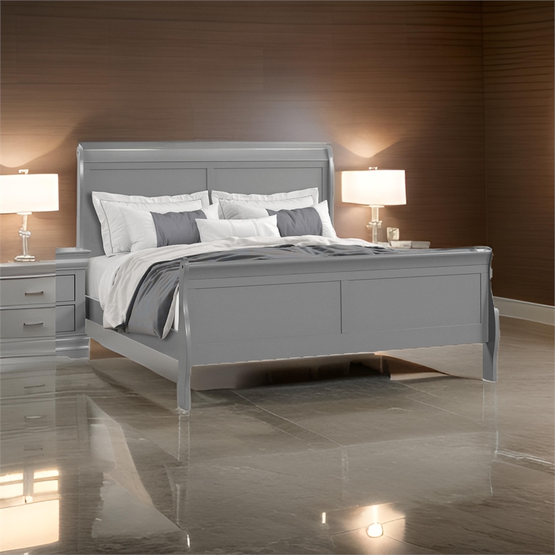 Ryla Twin Size Bed- Sleigh Panel Headboard- Classic Light Gray Solid Wood