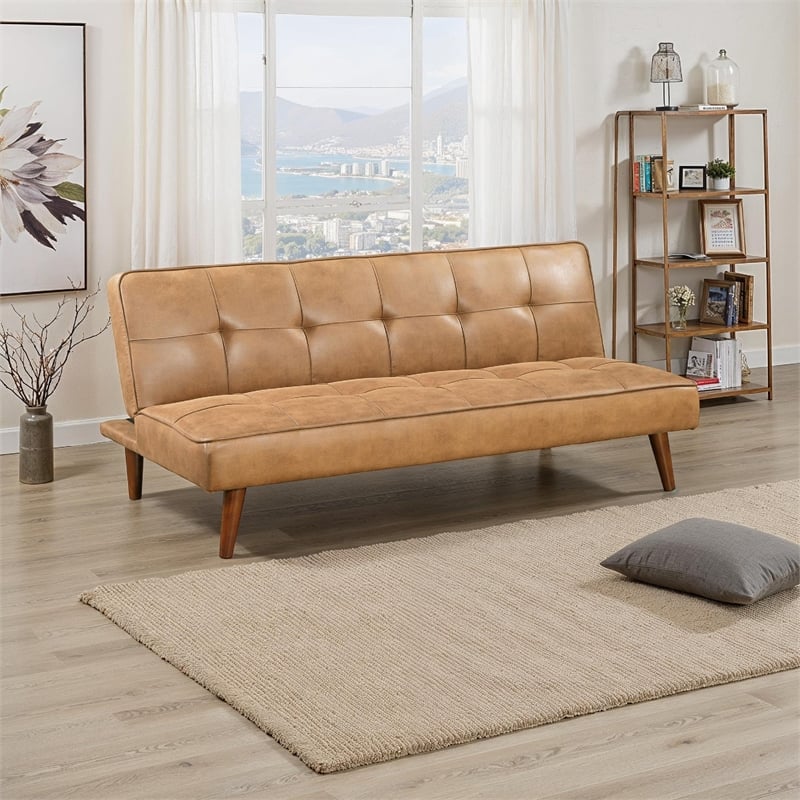 Sena Futon Convertible Sofa Bed Sleeper Couch- Light Brown Faux Leather