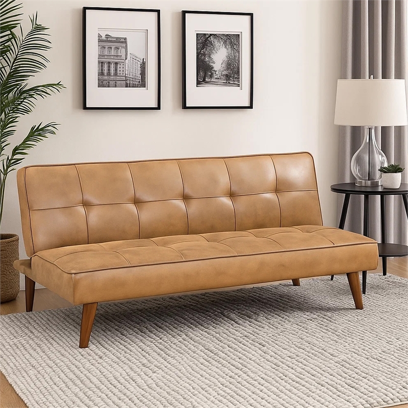 Sena Futon Convertible Sofa Bed Sleeper Couch- Light Brown Faux Leather