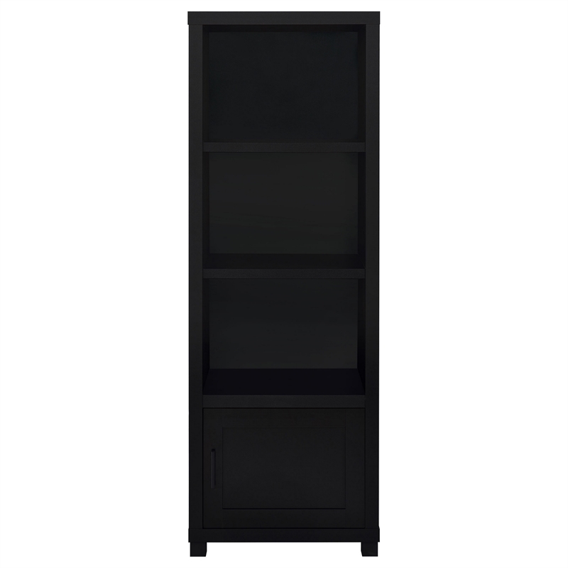 Janice Media Tower Bookcase- 3 Shelves- 1 Storage Cabinet-  Black Finish