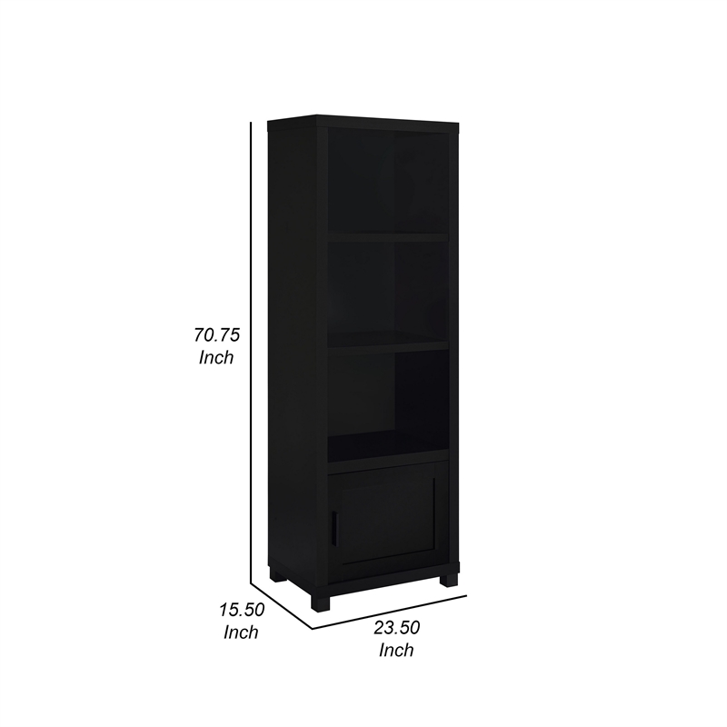 Janice Media Tower Bookcase- 3 Shelves- 1 Storage Cabinet-  Black Finish