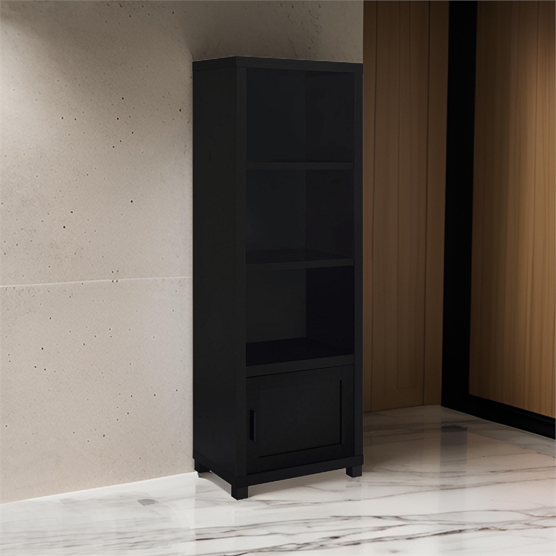 Janice Media Tower Bookcase- 3 Shelves- 1 Storage Cabinet-  Black Finish