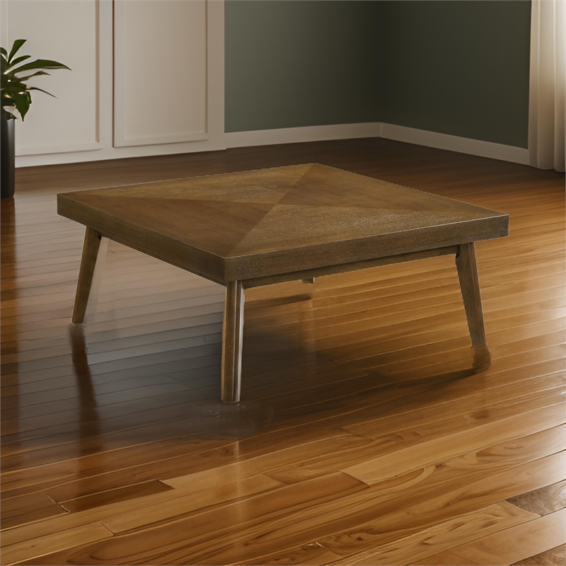 Layla Coffee Table- 39 Inch Square Top- Diamond Parquet- Walnut Brown Wood