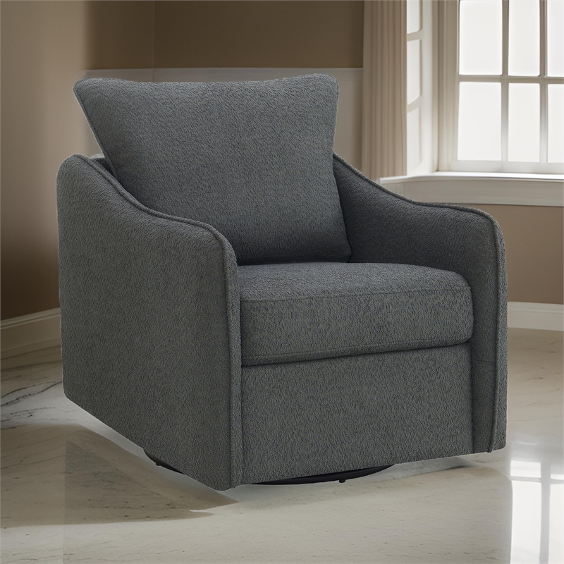 Adia Swivel Glider Chair- Gray Boucle Upholstery- Cushioned- Curved Arms