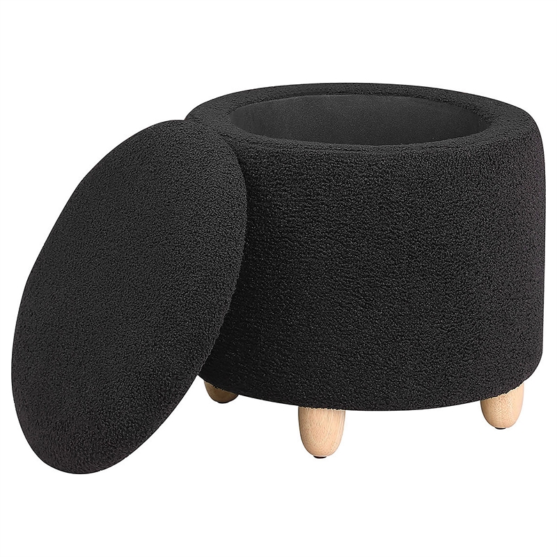 Aia 18 Inch Storage Ottoman- Black Faux Sheepskin- Round Rubberwood Feet
