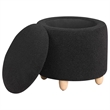 Aia 18 Inch Storage Ottoman- Black Faux Sheepskin- Round Rubberwood Feet