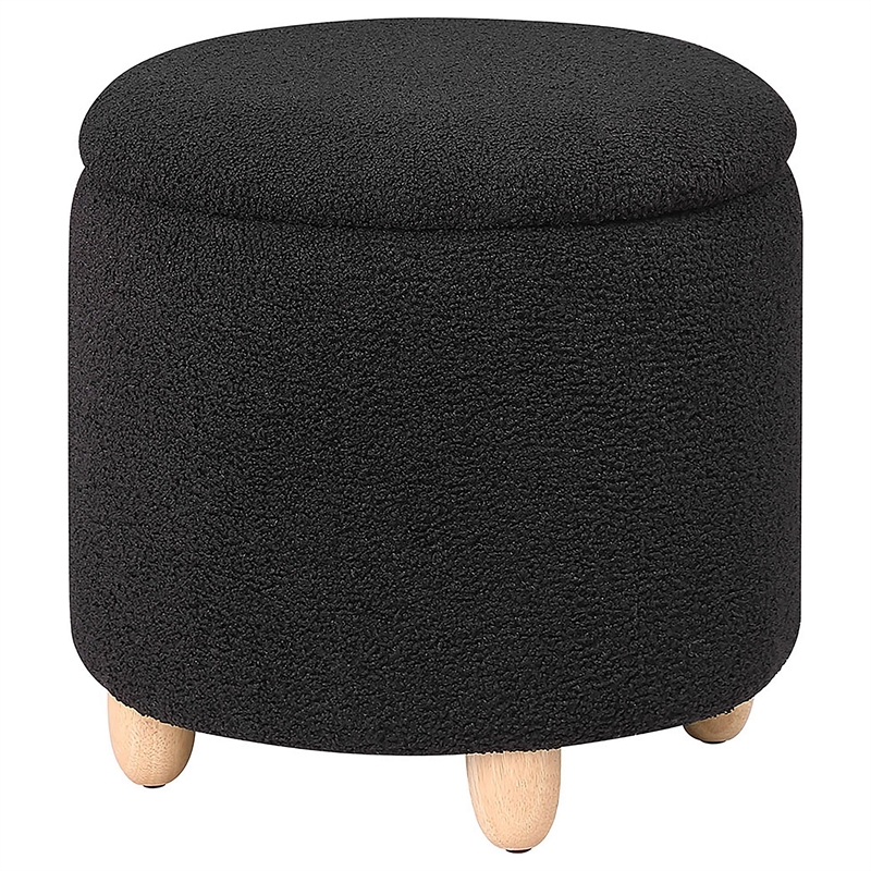 Aia 18 Inch Storage Ottoman- Black Faux Sheepskin- Round Rubberwood Feet