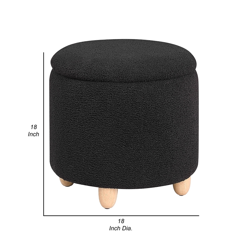 Aia 18 Inch Storage Ottoman- Black Faux Sheepskin- Round Rubberwood Feet