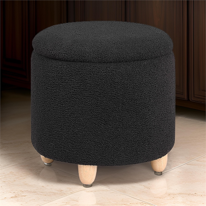 Aia 18 Inch Storage Ottoman- Black Faux Sheepskin- Round Rubberwood Feet