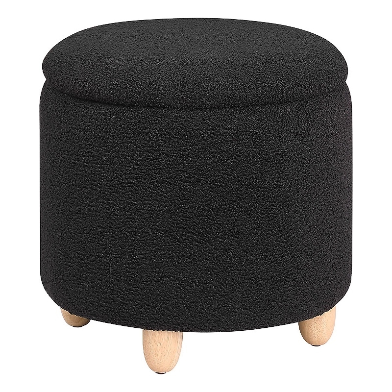Aia 18 Inch Storage Ottoman- Black Faux Sheepskin- Round Rubberwood Feet