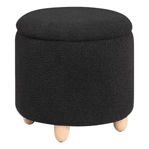 Aia 18 Inch Storage Ottoman- Black Faux Sheepskin- Round Rubberwood Feet