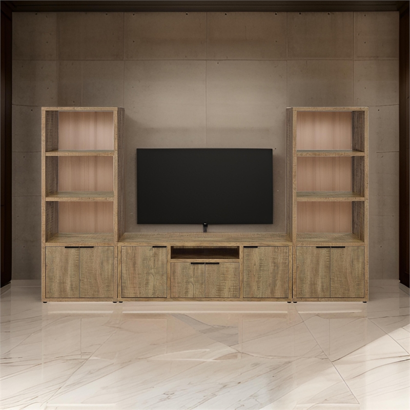 TV Entertainment Console with 2 Media Tower- 4 Cabinets- Natural Brown Wood