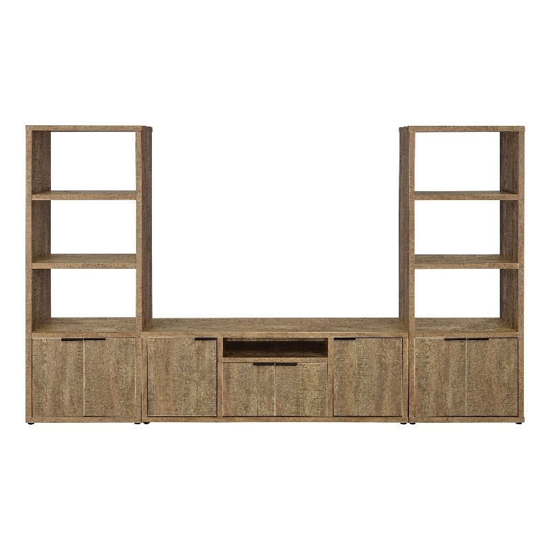TV Entertainment Console with 2 Media Tower- 4 Cabinets- Natural Brown Wood