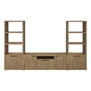 TV Entertainment Console with 2 Media Tower- 4 Cabinets- Natural Brown Wood