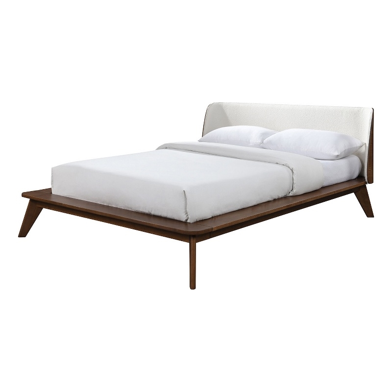 Linzy Queen Bed- Beige Boucle Upholstered Winged Edge- Brown Solid Wood