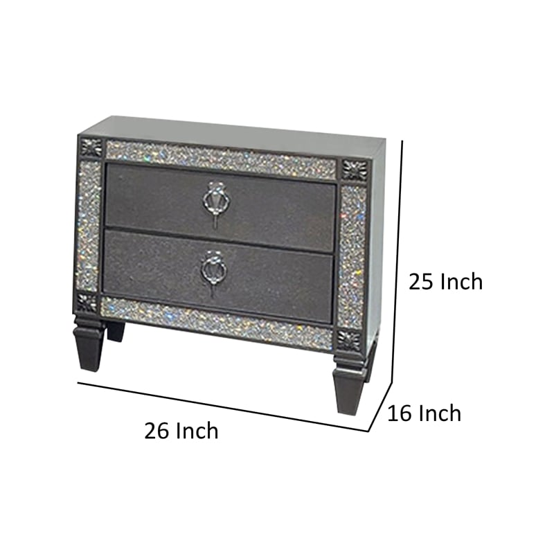 Laine Nightstand- 2 Drawers- Crystal Like Acrylic Trim- Gray Solid Wood