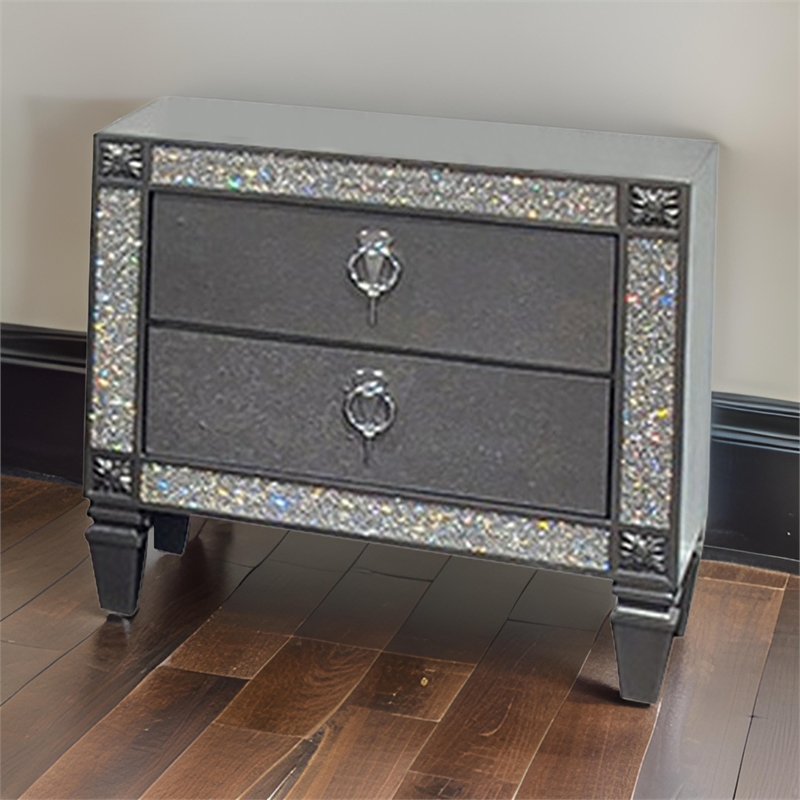 Laine Nightstand- 2 Drawers- Crystal Like Acrylic Trim- Gray Solid Wood