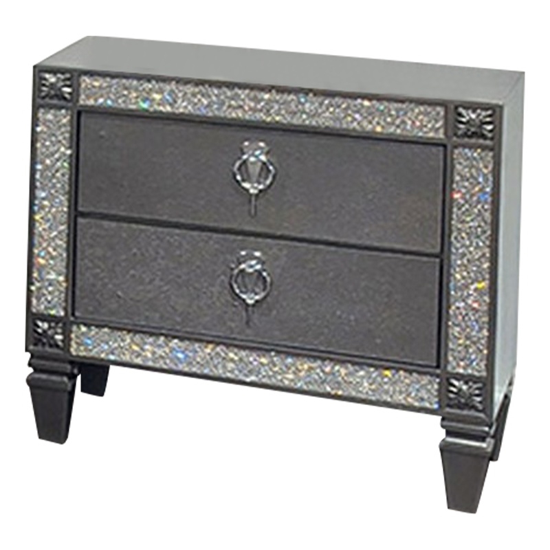 Laine Nightstand- 2 Drawers- Crystal Like Acrylic Trim- Gray Solid Wood