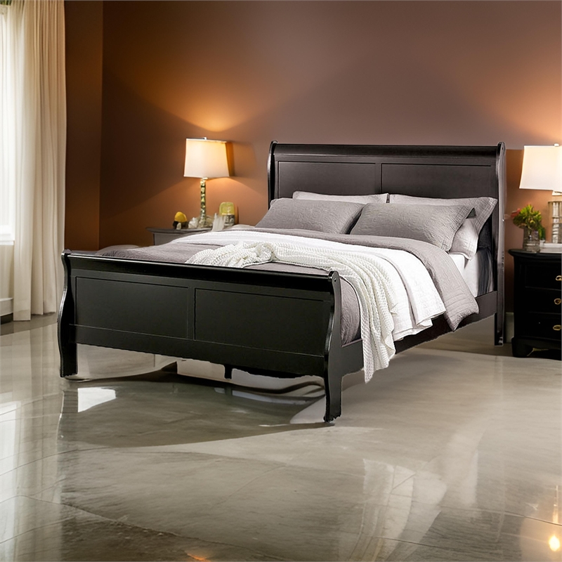 Ryla Full Size Bed- Sleigh Panel Headboard and Footboard- Black Solid Wood