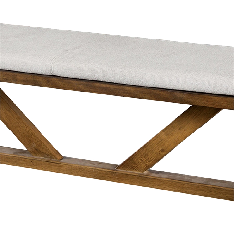 Jule Dining Bench- Trestle Base- 69 Inch- Brown Wood with Off White Seat