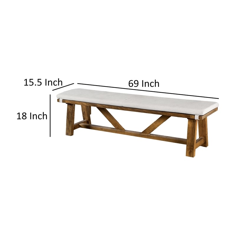 Jule Dining Bench- Trestle Base- 69 Inch- Brown Wood with Off White Seat
