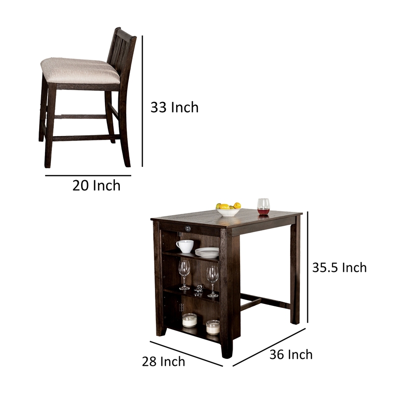 Lessi 3pc Counter Height Table Set with Side Shelf- USB - Cherry Brown Wood