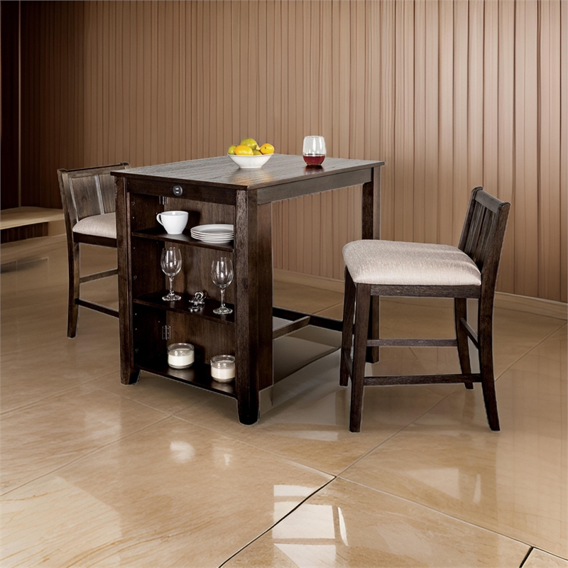 Lessi 3pc Counter Height Table Set with Side Shelf- USB - Cherry Brown Wood