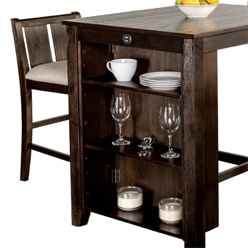 Lessi 3pc Counter Height Table Set with Side Shelf- USB - Cherry Brown Wood