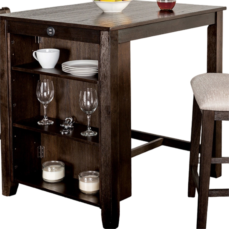 Lessi 3pc Counter Height Table Set with Side Shelf- USB - Cherry Brown Wood