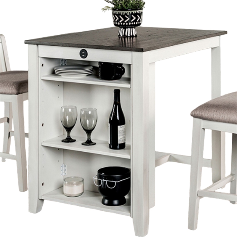 Lessi 3pc Counter Height Table Set with Side Shelf- USB - White Gray Wood