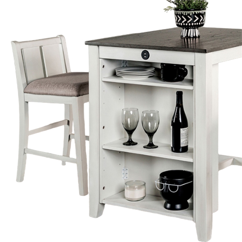 Lessi 3pc Counter Height Table Set with Side Shelf- USB - White Gray Wood
