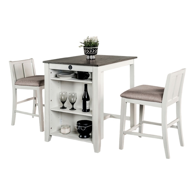 Lessi 3pc Counter Height Table Set with Side Shelf- USB - White Gray Wood