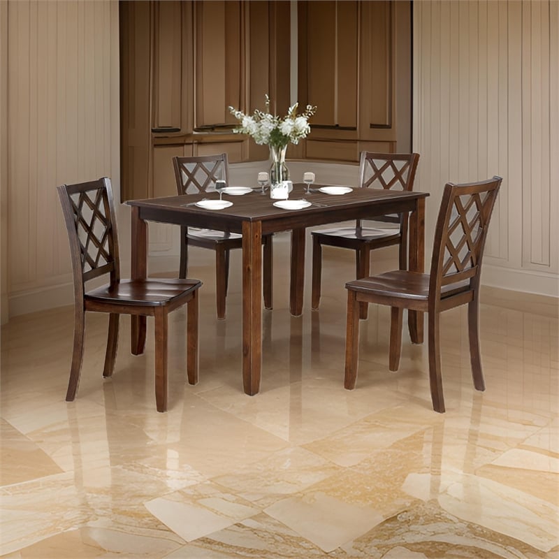 Ziko 5 Piece Dining Table Set- 4 Cross Back Chairs- Cherry Brown Solid Wood