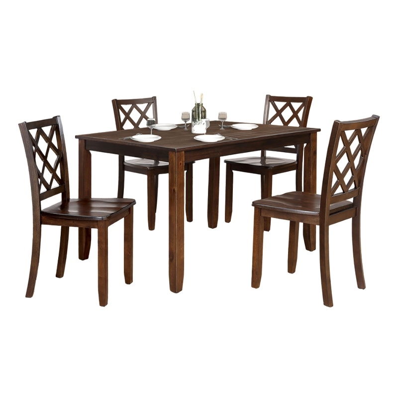 Ziko 5 Piece Dining Table Set- 4 Cross Back Chairs- Cherry Brown Solid Wood