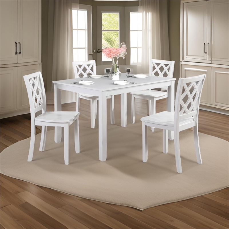 Ziko 5 Piece Dining Table Set- 4 Crossed Back Chairs- White Solid Wood