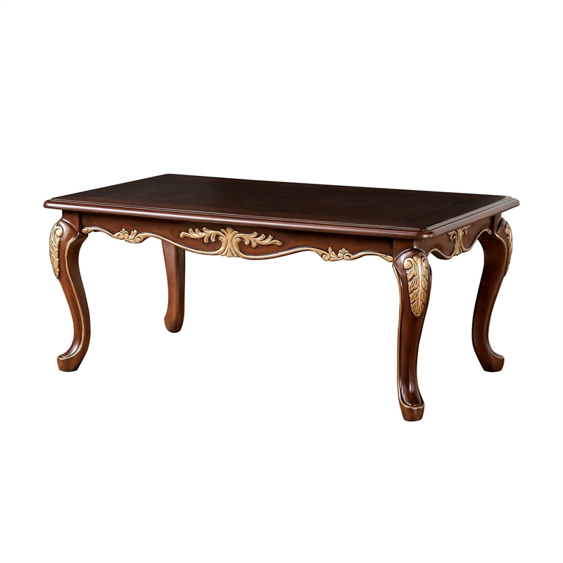 Saili Coffee Table- Gold Carvings- 48 Inch- Cabriole- Tobacco Brown Wood