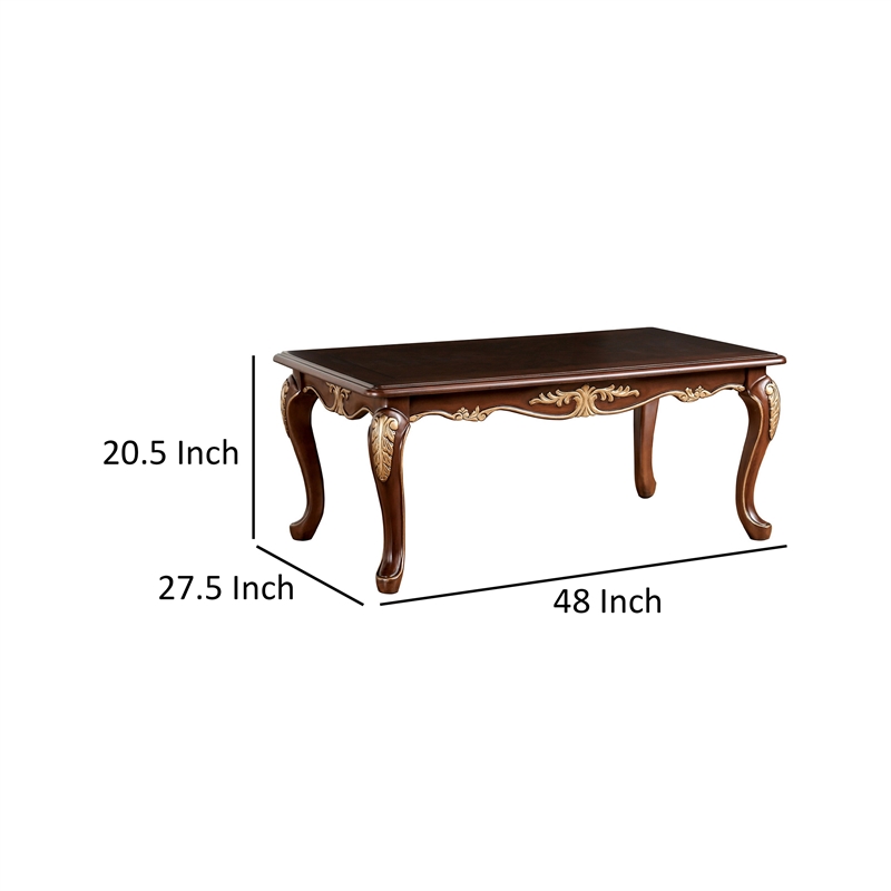 Saili Coffee Table- Gold Carvings- 48 Inch- Cabriole- Tobacco Brown Wood