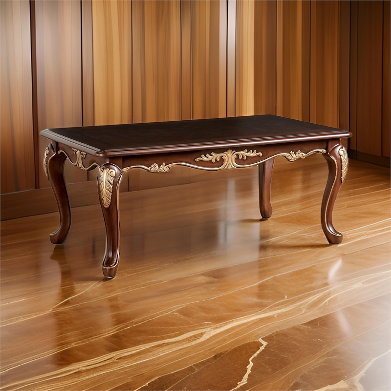 Saili Coffee Table- Gold Carvings- 48 Inch- Cabriole- Tobacco Brown Wood