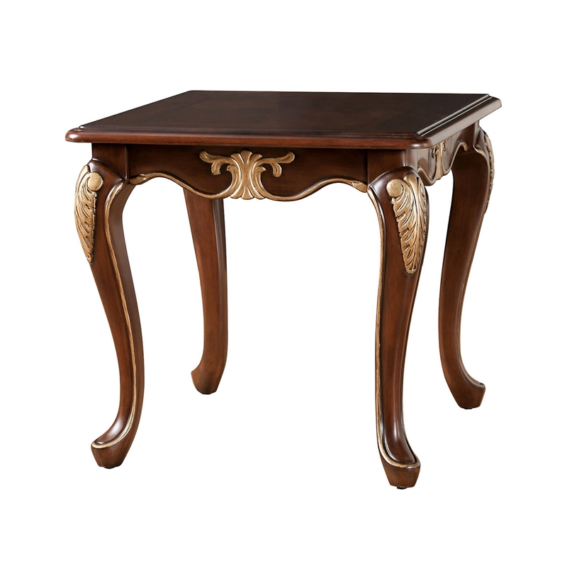 Saili Side End Table- Gold Carvings- 29 Inch- Cabriole- Tobacco Brown Wood