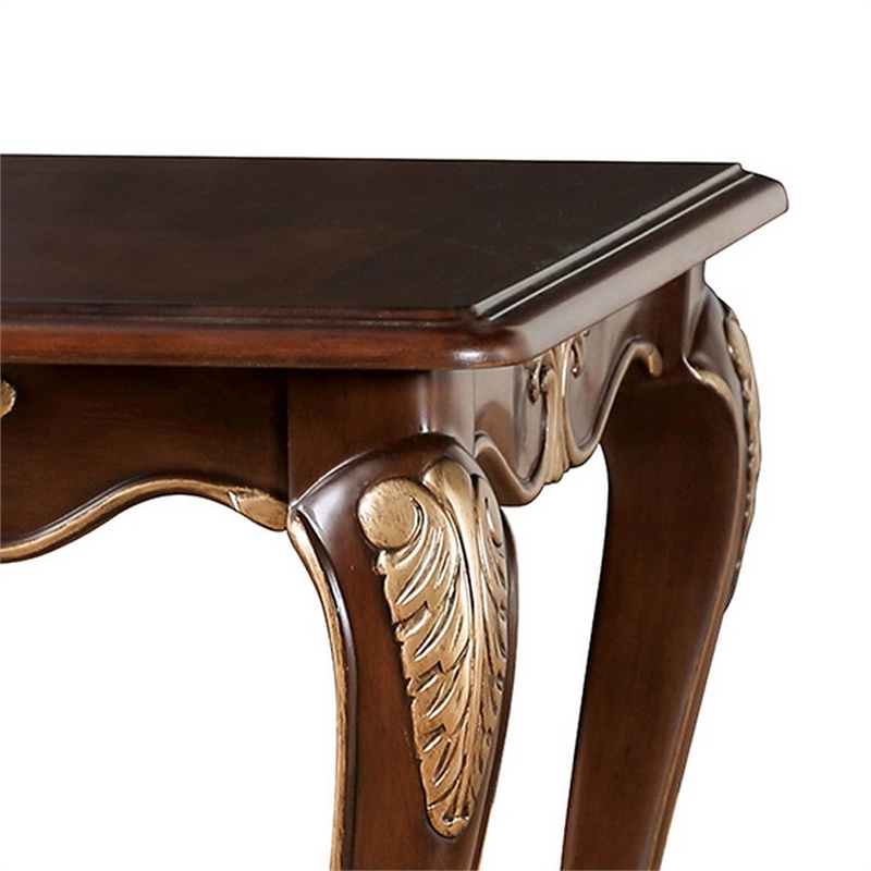 Saili Side End Table- Gold Carvings- 29 Inch- Cabriole- Tobacco Brown Wood