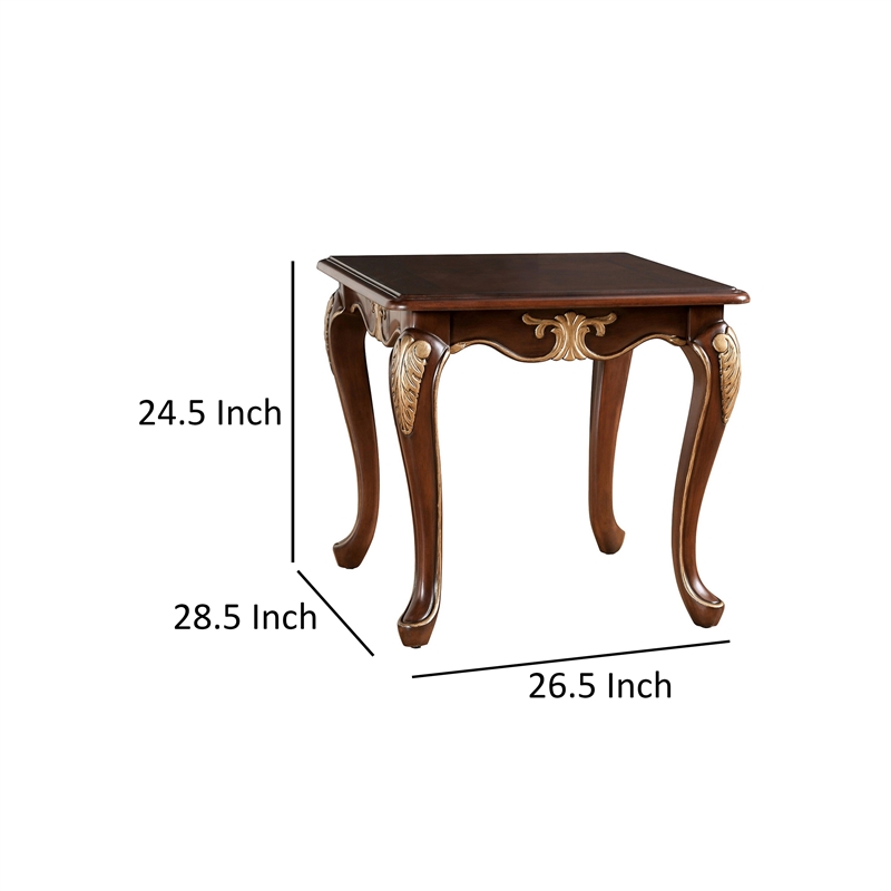 Saili Side End Table- Gold Carvings- 29 Inch- Cabriole- Tobacco Brown Wood