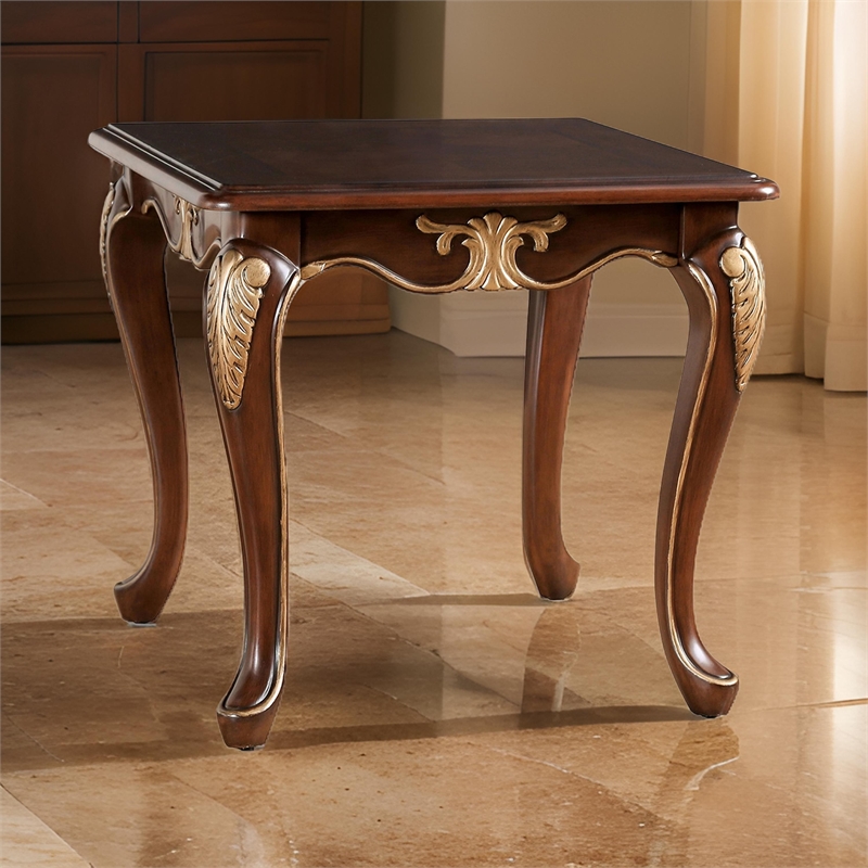 Saili Side End Table- Gold Carvings- 29 Inch- Cabriole- Tobacco Brown Wood