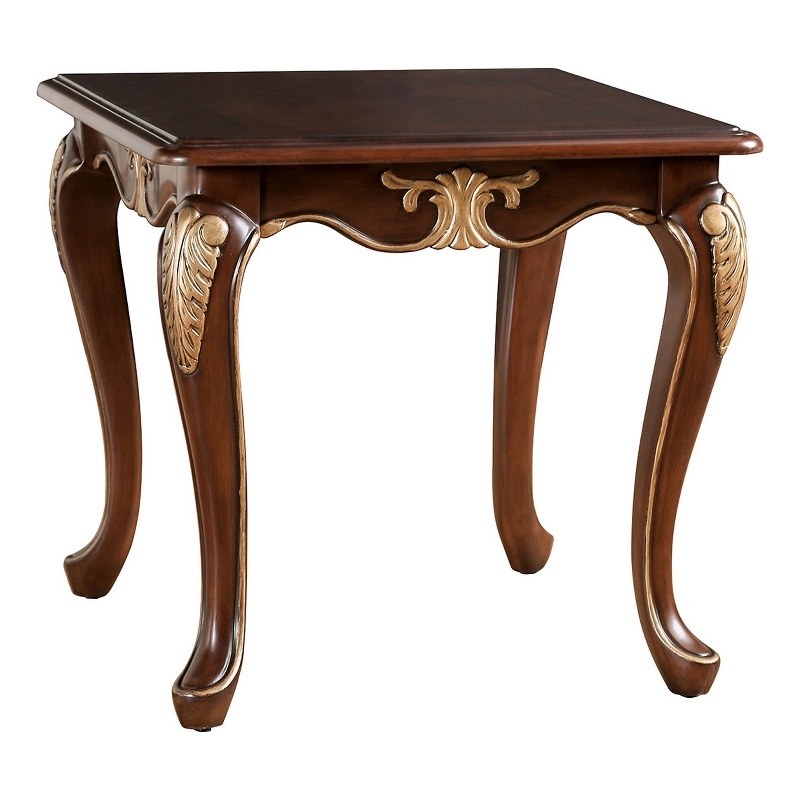 Saili Side End Table- Gold Carvings- 29 Inch- Cabriole- Tobacco Brown Wood