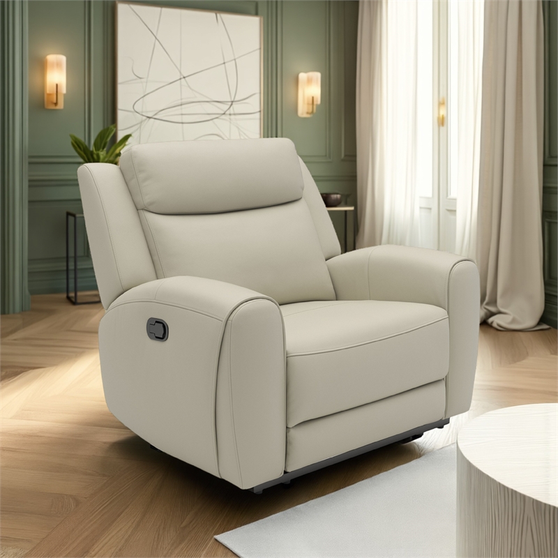 Cobe Manual Recliner Chair- Solid Wood and Soft Top Grain Beige Leather
