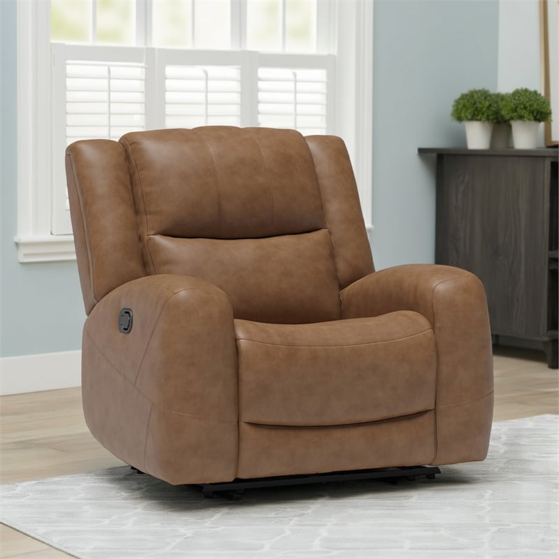 Leos Manual Recliner Chair- Contour Armrest- Wood Frame- Brown Leather
