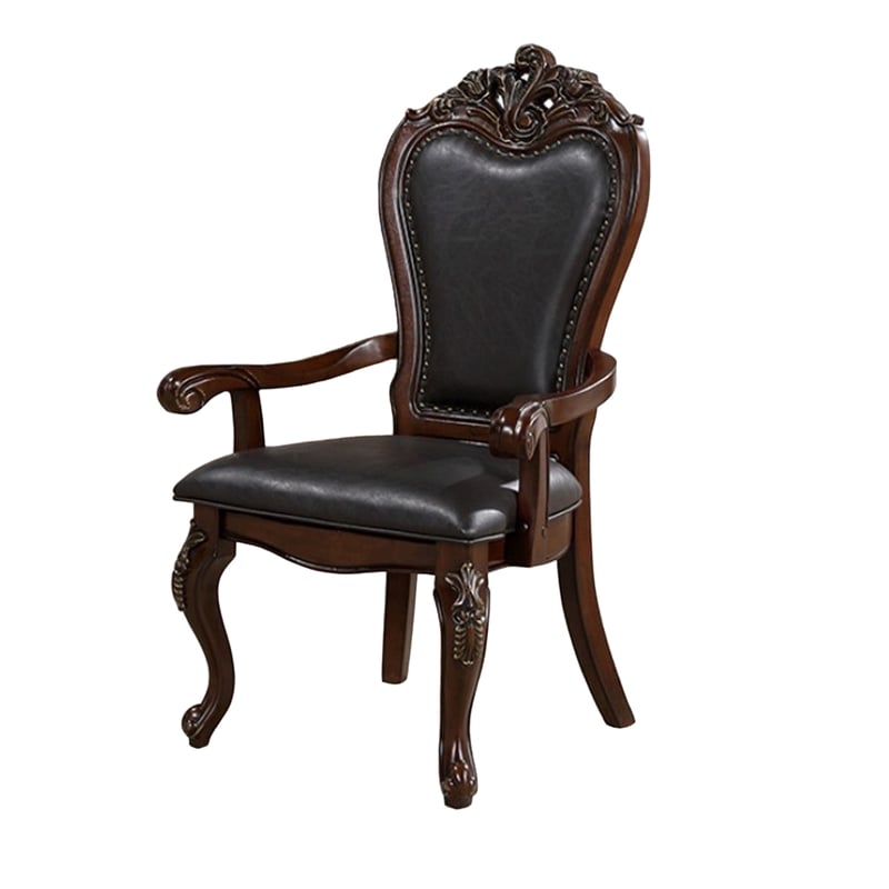 Zenie Dining Armchair Set of 2- Carved Cabriole- Faux Leather- Cherry Brown